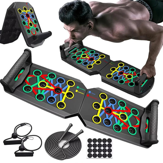 GymBros Push-Up Board - Portable multifunctional fitness equipment with color-coded push plates for chest, arms, back, and core training, featuring non-slip handles and a foldable design.