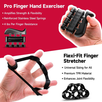 Adjustable Hand Grip Strength Trainer 5-60kg with Finger Exerciser, ergonomic design, durable workout kit for injury rehabilitation, muscle building, and stress relief, includes grip ring, hand therapy ball, and resistance band.