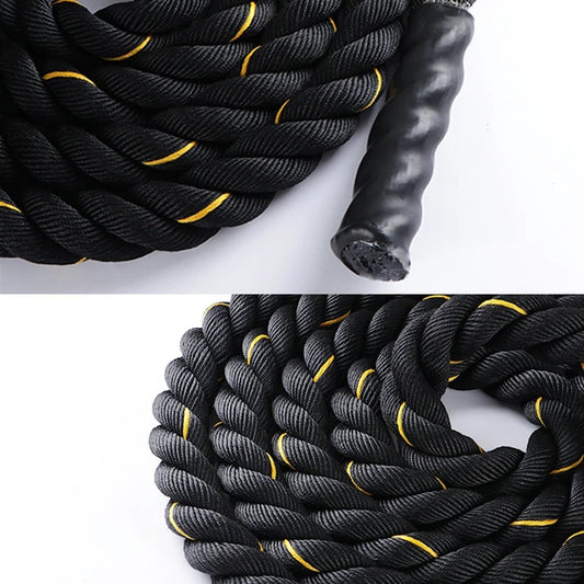 GymBros fitness battle ropes in 9M, 12M, and 15M lengths, designed for heavy CrossFit and strength training workouts