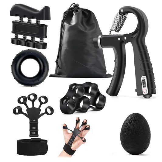 Adjustable Hand Grip Strength Trainer 5-60kg with Finger Exerciser, ergonomic design, durable workout kit for injury rehabilitation, muscle building, and stress relief, includes grip ring, hand therapy ball, and resistance band.